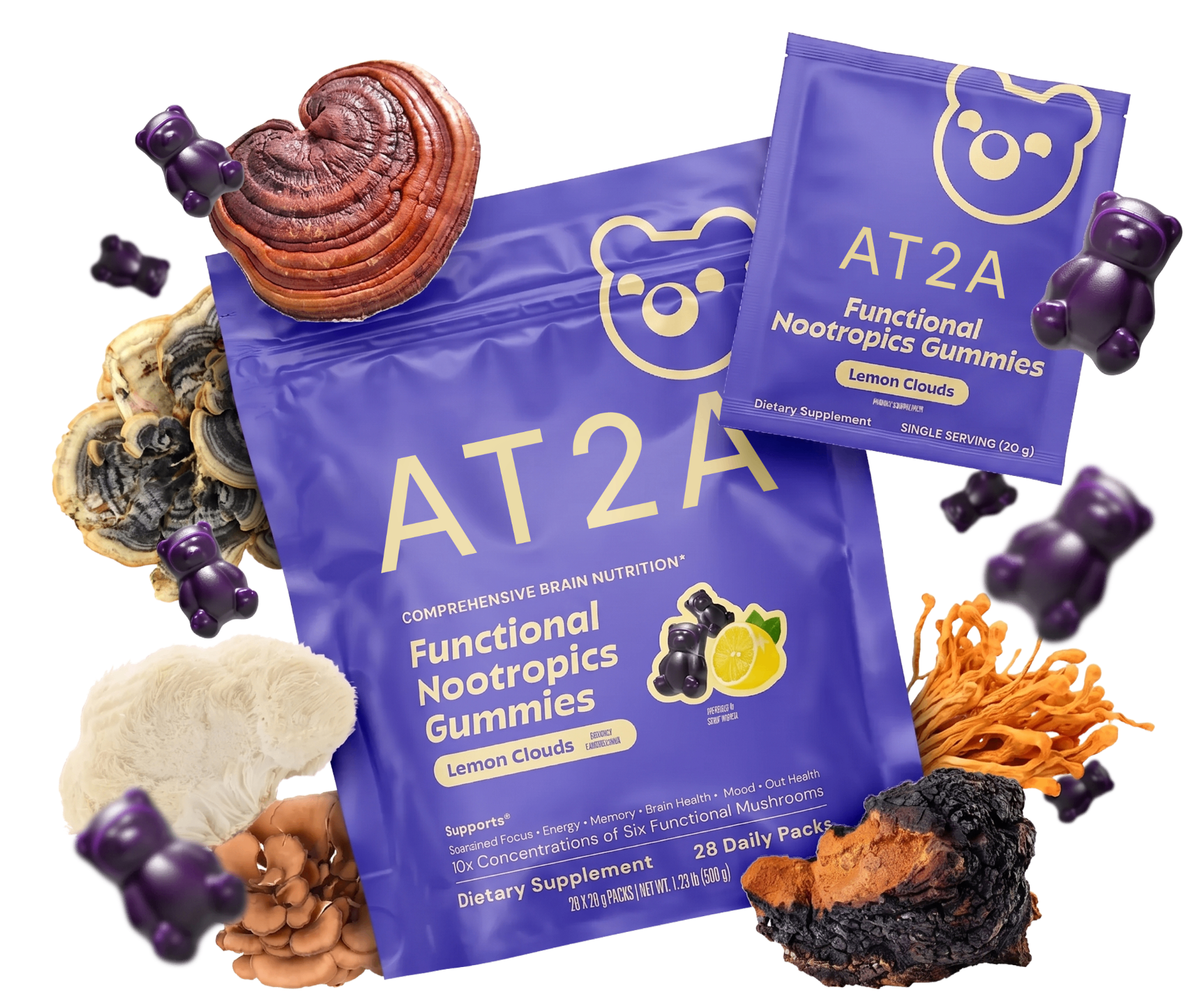 AT2A functional nootropics gummies with superfood mushrooms